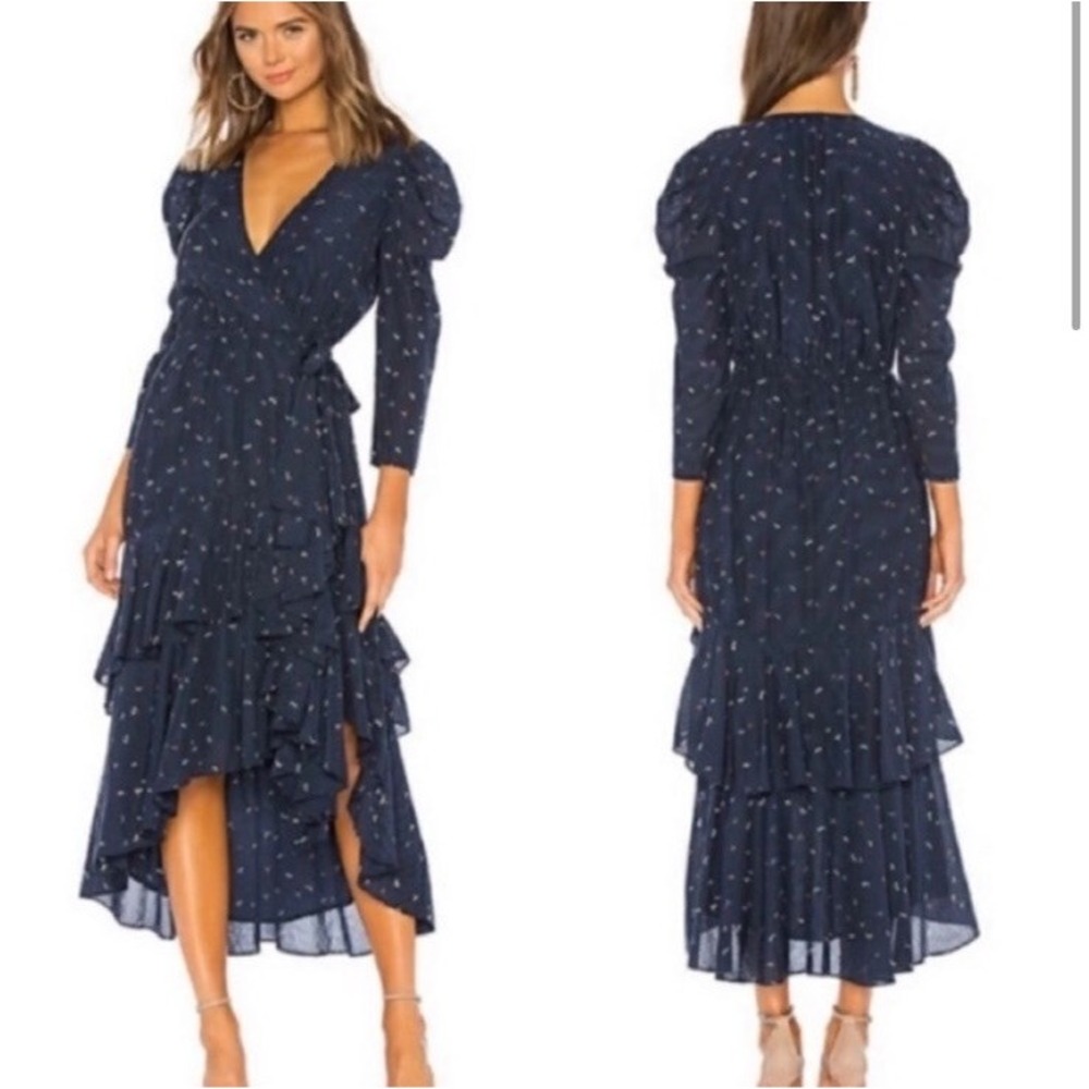 NWT Joie Ruffled Wrap Dress XS Navy Blue Firefly‎ Puff Sleeve Midi Romantic
